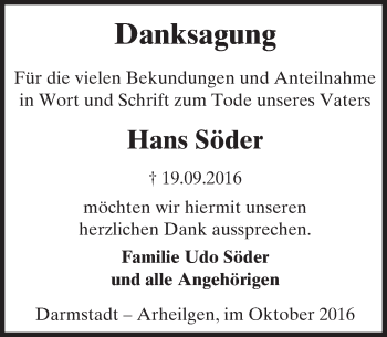 Traueranzeige von Hans Söder von Trauerportal Echo Online