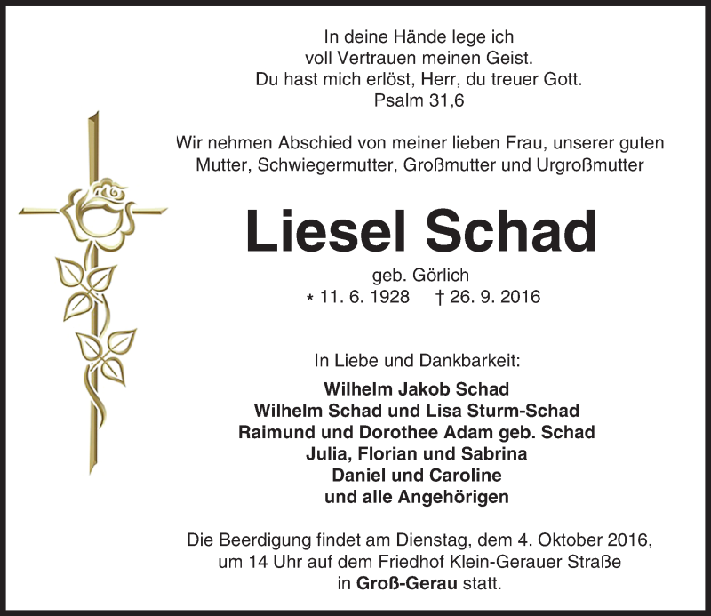  Traueranzeige für Liesel Schad vom 01.10.2016 aus Trauerportal Echo Online