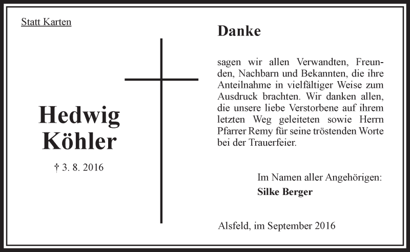  Traueranzeige für Hedwig Köhler vom 17.09.2016 aus VRM Trauer