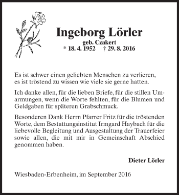 Traueranzeige von Ingeborg Lörler von Trauerportal Rhein Main Presse