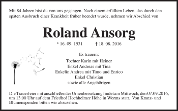 Traueranzeige von Roland Ansorg von Trauerportal Rhein Main Presse