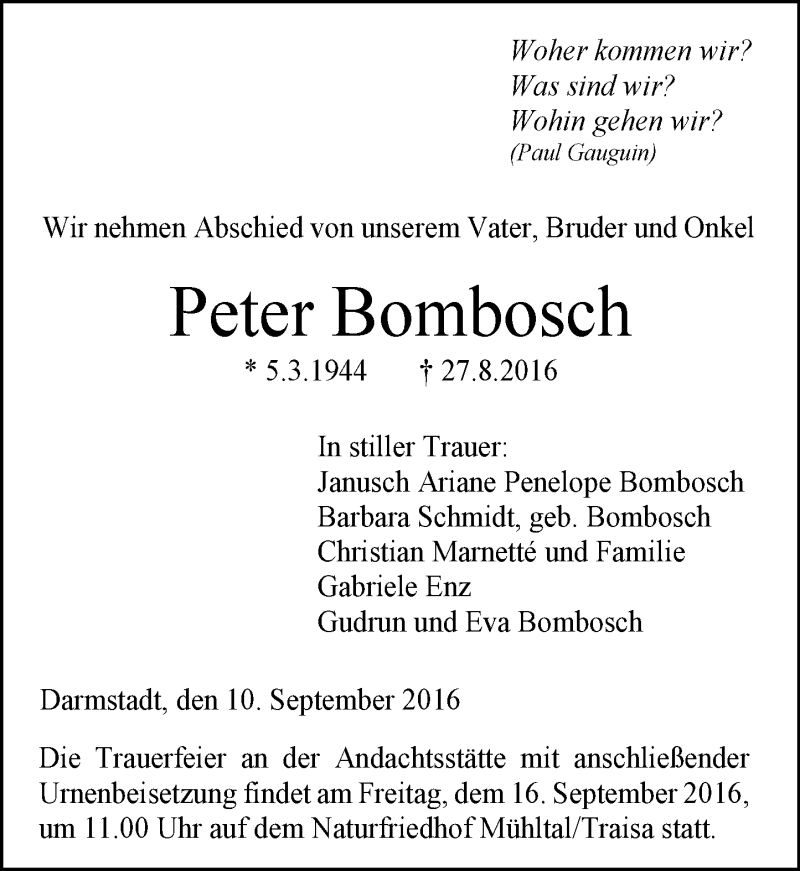  Traueranzeige für Peter Bombosch vom 10.09.2016 aus Trauerportal Echo Online