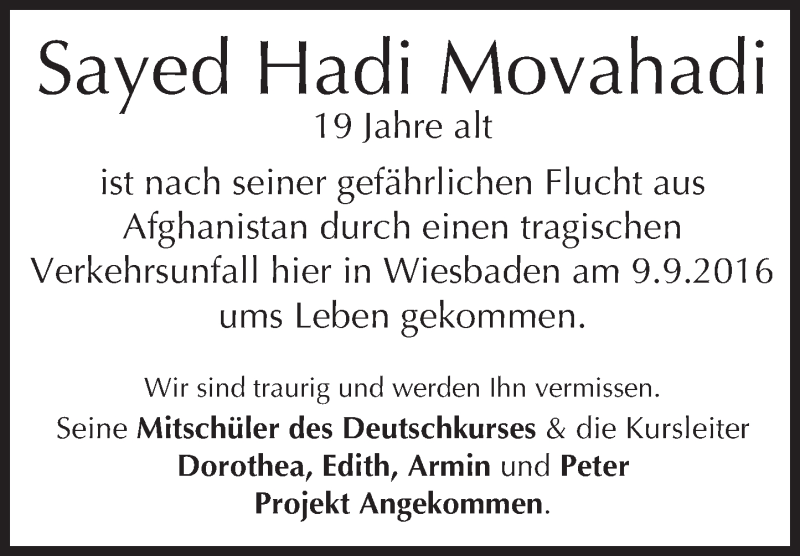  Traueranzeige für Sayed Hadi Movahadi vom 14.09.2016 aus Trauerportal Rhein Main Presse