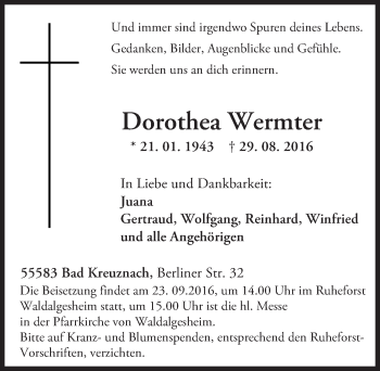 Traueranzeige von Dorothea Wermter von Trauerportal Rhein Main Presse