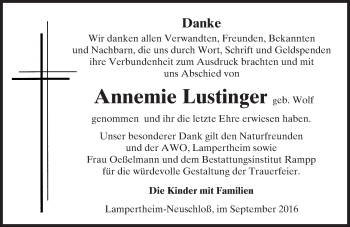 Traueranzeige von Annemie Lustinger von Trauerportal Echo Online