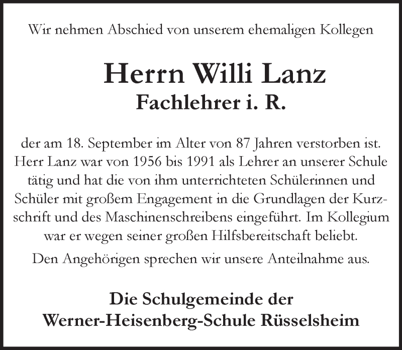  Traueranzeige für Willi Lanz vom 24.09.2016 aus Trauerportal Rhein Main Presse