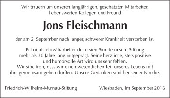Traueranzeige von Jons Fleischmann von Trauerportal Rhein Main Presse