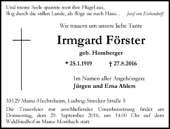 Traueranzeige von Irmgard Förster von Trauerportal Rhein Main Presse