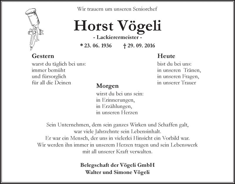  Traueranzeige für Horst Vögeli vom 01.10.2016 aus Trauerportal Rhein Main Presse
