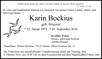 Traueranzeige von Karin Bockius von Trauerportal Rhein Main Presse