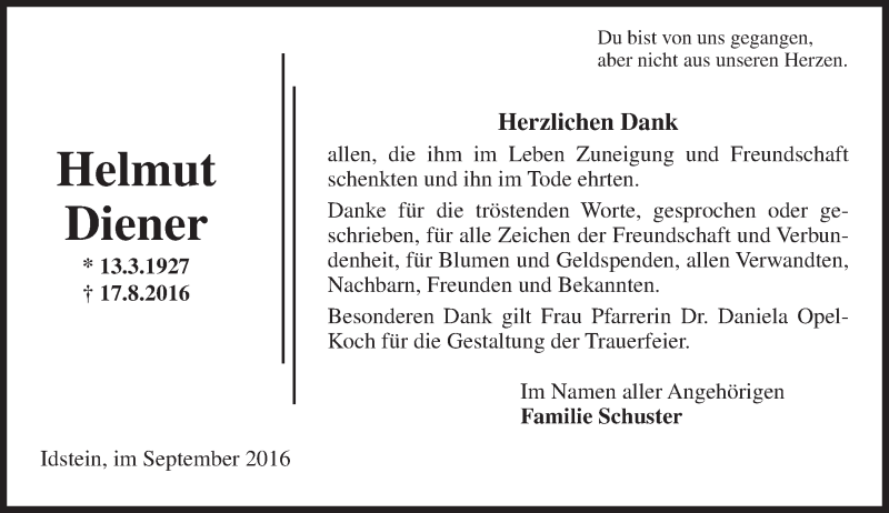  Traueranzeige für Helmut Diener vom 17.09.2016 aus Trauerportal Rhein Main Presse