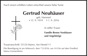 Traueranzeige von Gertrud Neuhäuser von Trauerportal Rhein Main Presse