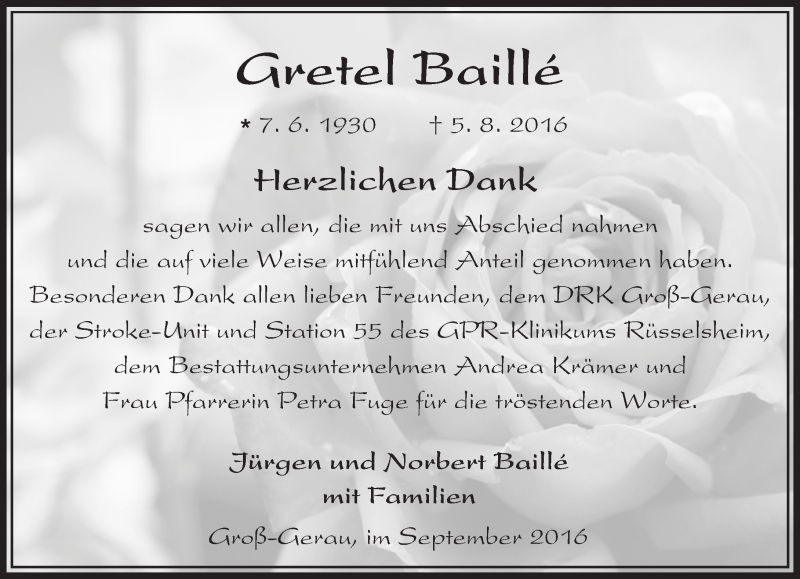  Traueranzeige für Gretel Baillé vom 10.09.2016 aus Trauerportal Echo Online