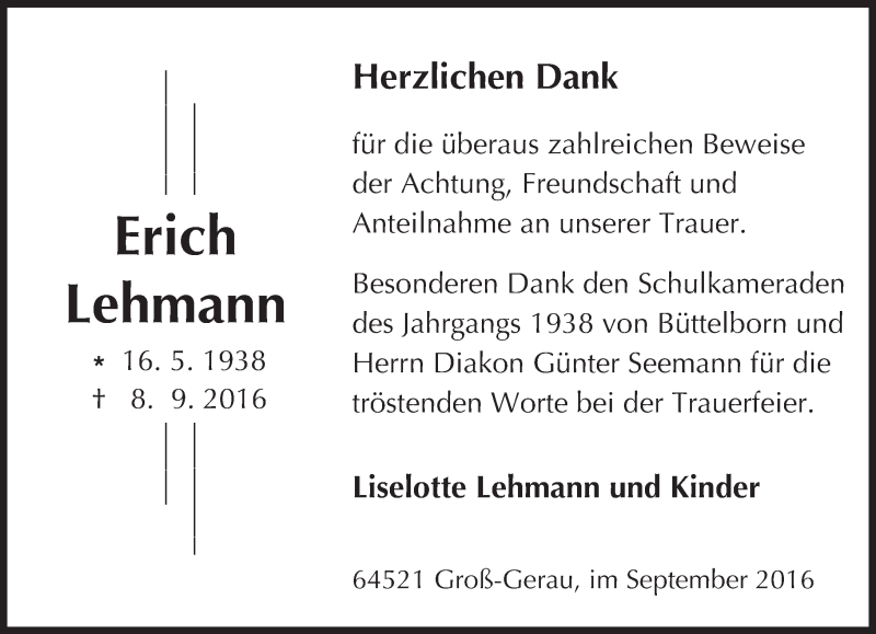  Traueranzeige für Erich Lehmann vom 24.09.2016 aus Trauerportal Echo Online