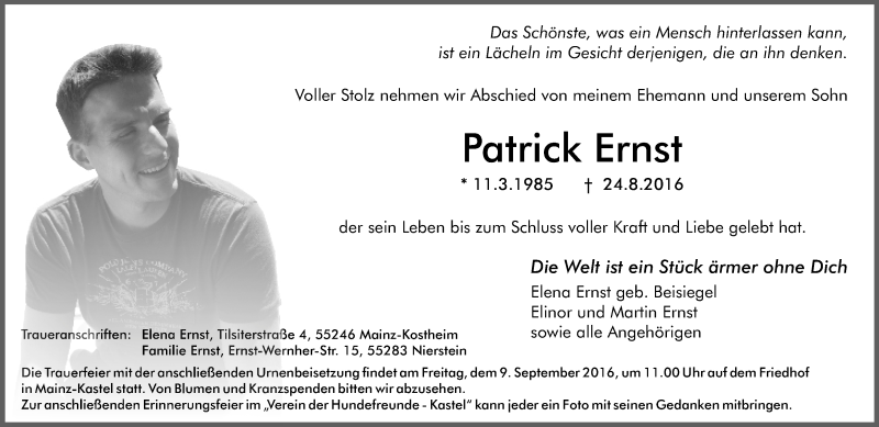  Traueranzeige für Patrick Ernst vom 03.09.2016 aus Trauerportal Rhein Main Presse