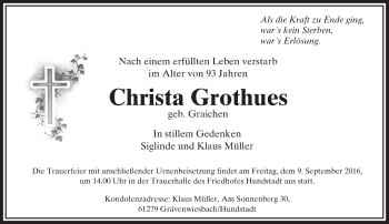 Traueranzeige von Christa Grothues von  Usinger Anzeiger