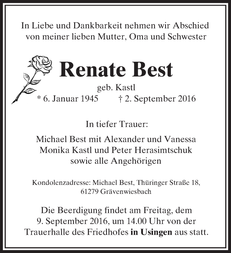  Traueranzeige für Renate Best vom 07.09.2016 aus  Usinger Anzeiger