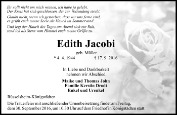 Traueranzeige von Edith Jacobi von Trauerportal Echo Online