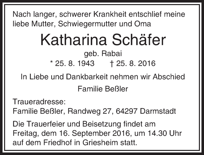  Traueranzeige für Katharina Schäfer vom 10.09.2016 aus Trauerportal Echo Online