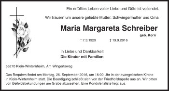 Traueranzeige von Maria Margareta Schreiber von Trauerportal Rhein Main Presse