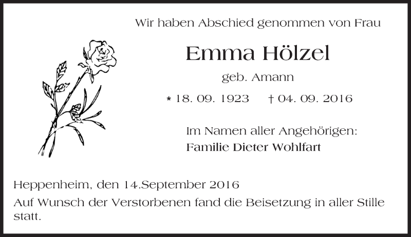  Traueranzeige für Emma Hölzel vom 14.09.2016 aus Trauerportal Echo Online