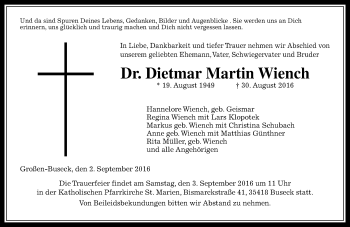Traueranzeige von Dietmar Martin Wiench von  Gießener Anzeiger