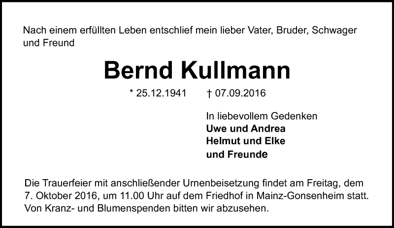  Traueranzeige für Bernd Kullmann vom 10.09.2016 aus Trauerportal Rhein Main Presse