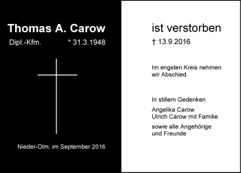 Traueranzeige von Thomas A. Carow von Trauerportal Rhein Main Presse