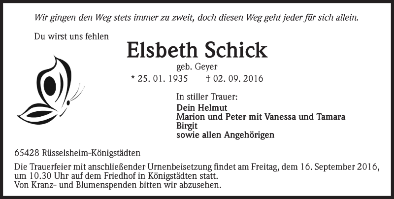  Traueranzeige für Elsbeth Schick vom 10.09.2016 aus Trauerportal Echo Online
