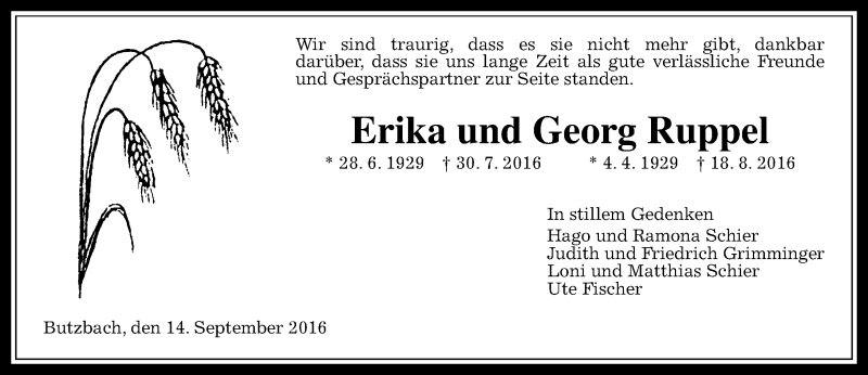  Traueranzeige für Erika und Georg Ruppel vom 14.09.2016 aus  Gießener Anzeiger