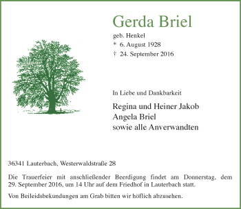 Traueranzeige von Gerda Briel von VRM Trauer