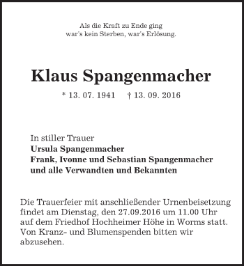 Traueranzeige von Klaus Spangenmacher von Trauerportal Rhein Main Presse