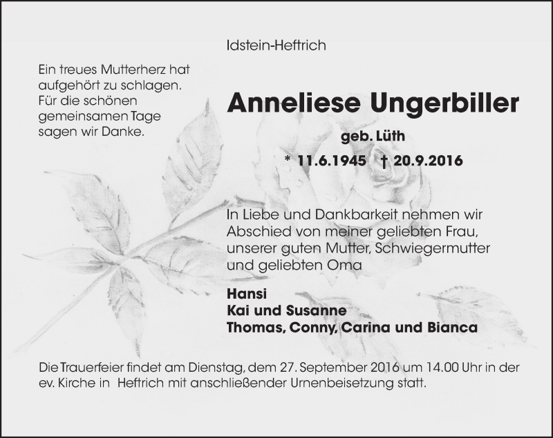  Traueranzeige für Anneliese Ungerbiller vom 23.09.2016 aus Trauerportal Rhein Main Presse