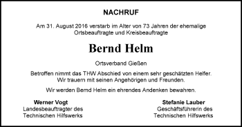 Traueranzeige von Bernd Helm von  Gießener Anzeiger