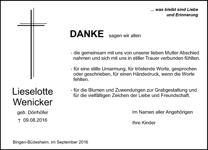  Traueranzeige für Lieselotte Wenicker vom 24.09.2016 aus Trauerportal Rhein Main Presse