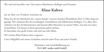 Traueranzeige von Klaus Kukwa von Trauerportal Rhein Main Presse