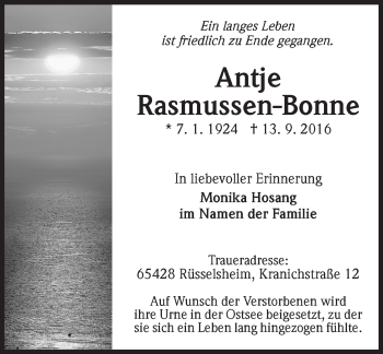 Traueranzeige von Antje Rasmussen-Bonne von Trauerportal Rhein Main Presse