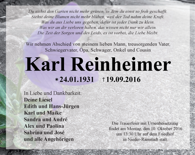  Traueranzeige für Karl Reinheimer vom 01.10.2016 aus Trauerportal Echo Online