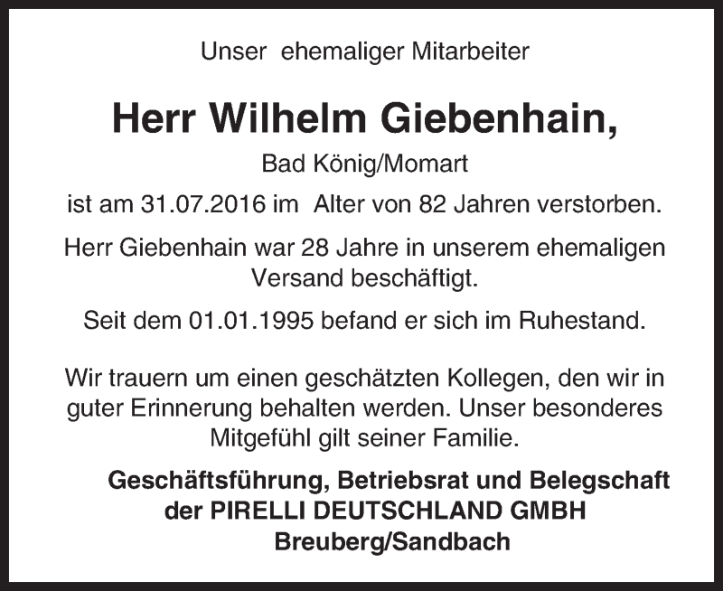  Traueranzeige für Wilhelm Giebenhain vom 05.09.2016 aus Trauerportal Echo Online