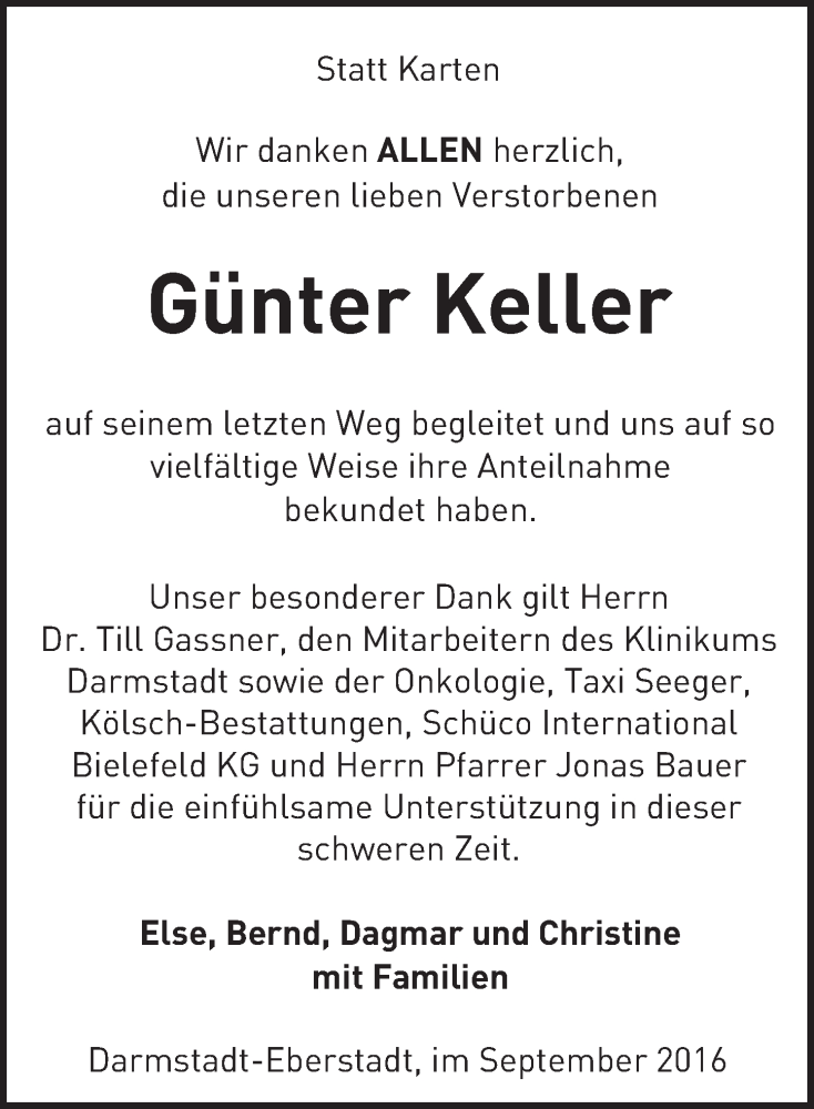  Traueranzeige für Günter Keller vom 24.09.2016 aus Trauerportal Echo Online