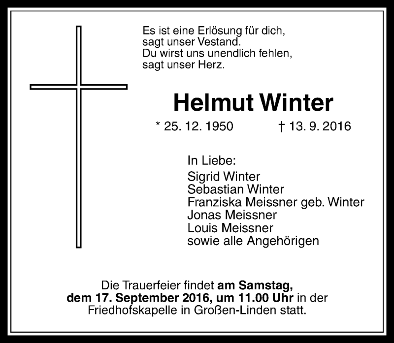  Traueranzeige für Helmut Winter vom 15.09.2016 aus  Gießener Anzeiger
