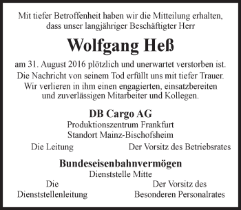 Traueranzeige von Wolfgang Heß von Trauerportal Rhein Main Presse