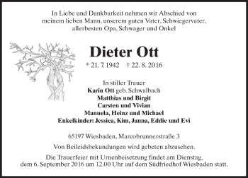 Traueranzeige von Dieter Ott von Trauerportal Rhein Main Presse