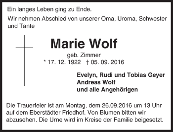Traueranzeige von Marie Wolf von Trauerportal Echo Online