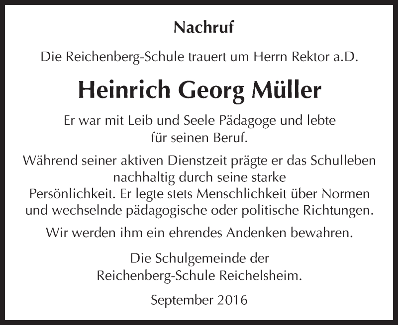  Traueranzeige für Heinrich Georg Müller vom 08.09.2016 aus Trauerportal Echo Online