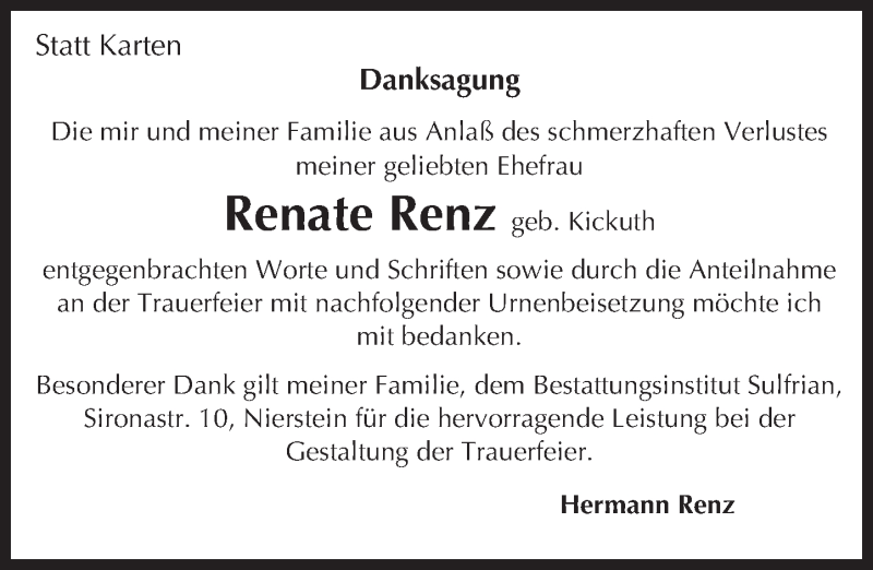  Traueranzeige für Renate Renz vom 10.09.2016 aus Trauerportal Rhein Main Presse