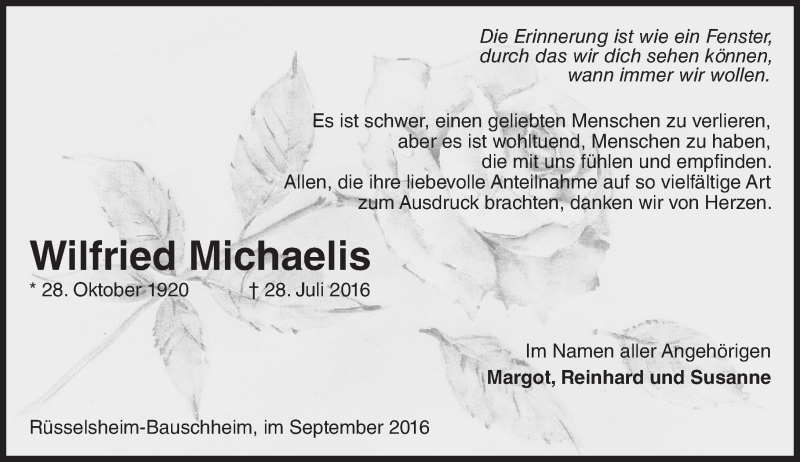  Traueranzeige für Wilfried Michaelis vom 03.09.2016 aus Trauerportal Rhein Main Presse