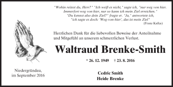 Traueranzeige von Waltraud Brenke-Smith von  Gelnhäuser Tageblatt
