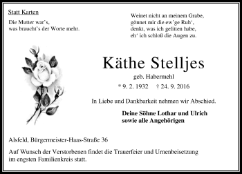 Traueranzeige von Käthe Stelljes von VRM Trauer