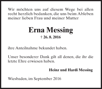 Traueranzeige von Erna Messing von Trauerportal Rhein Main Presse